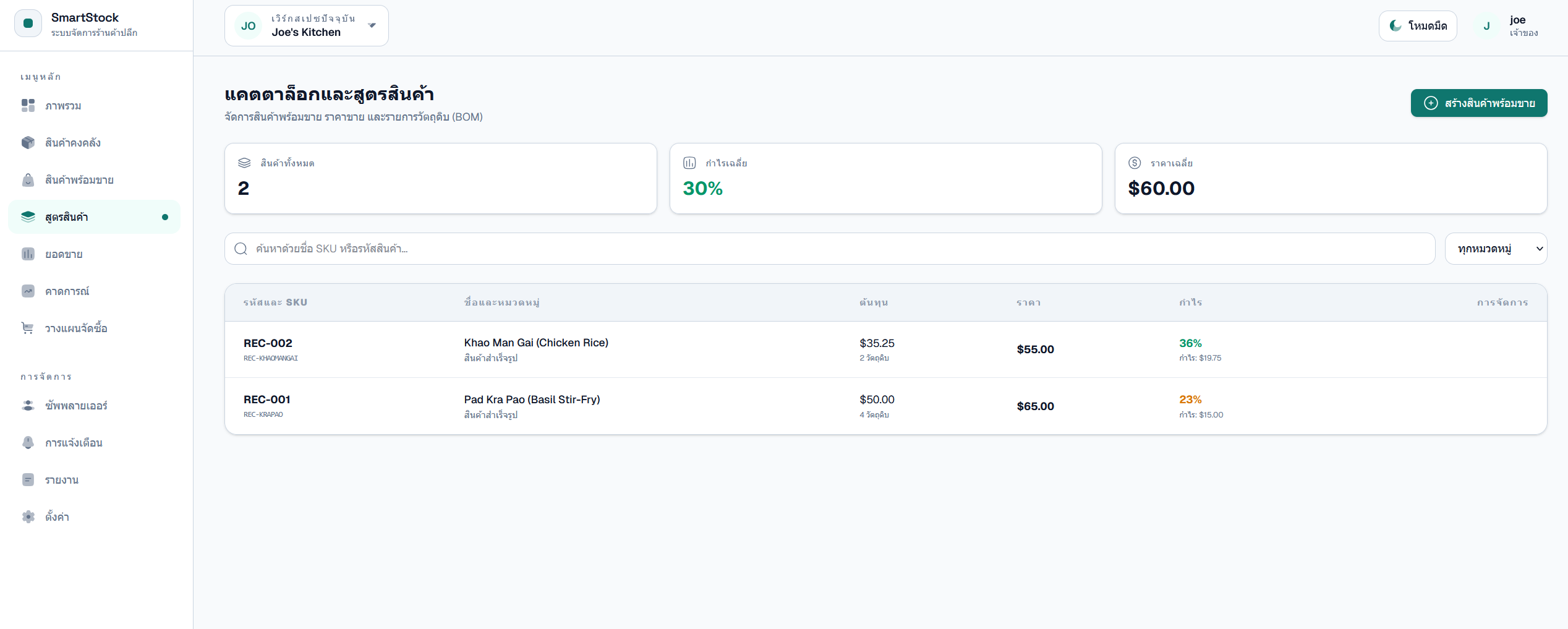 Meguri recipe and BOM screen